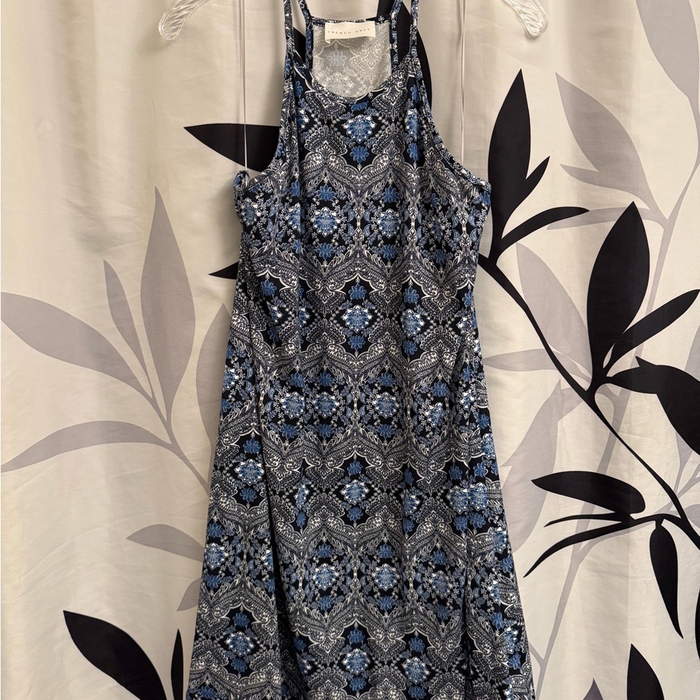 French Grey Blue and Black Geometric Midi Dress